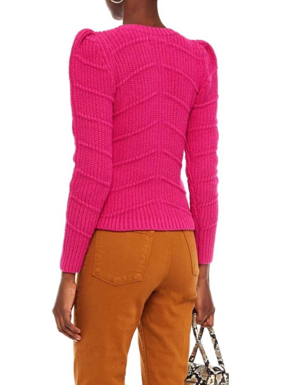 BA&SH Dabney Fuchsia Pink Cotton Knit Ribbed Puff Sleeve Sweater, Size L - Picture 2 of 16